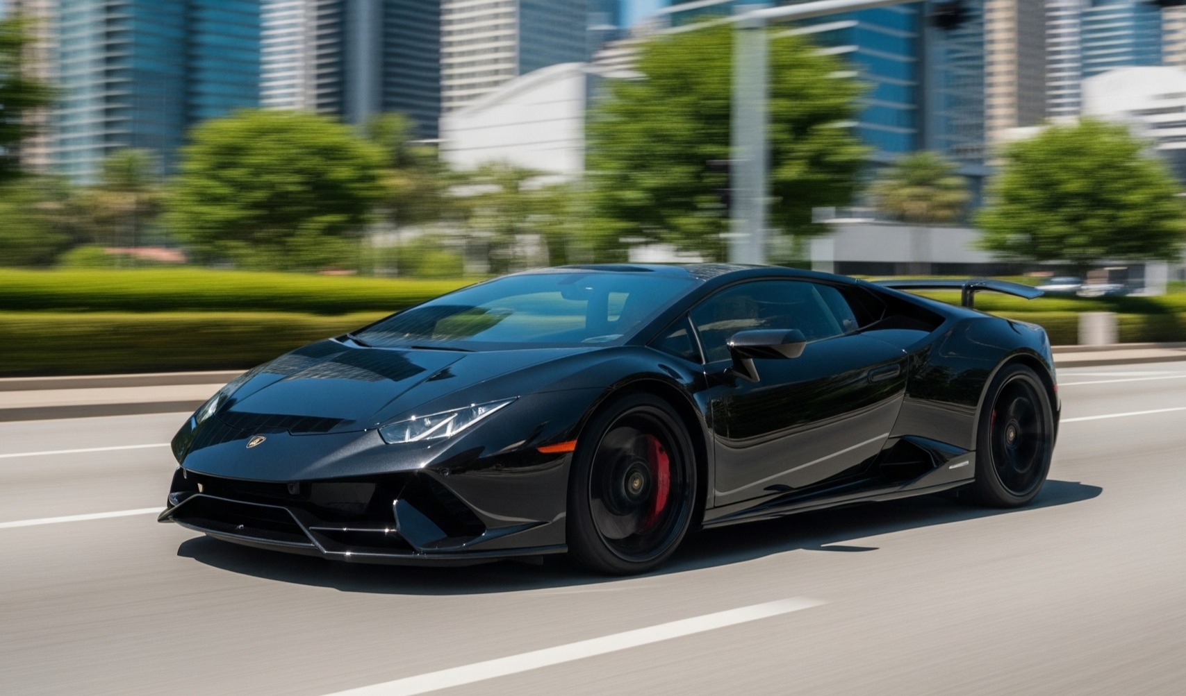 Auto sportiva moderna con skyline cittadino